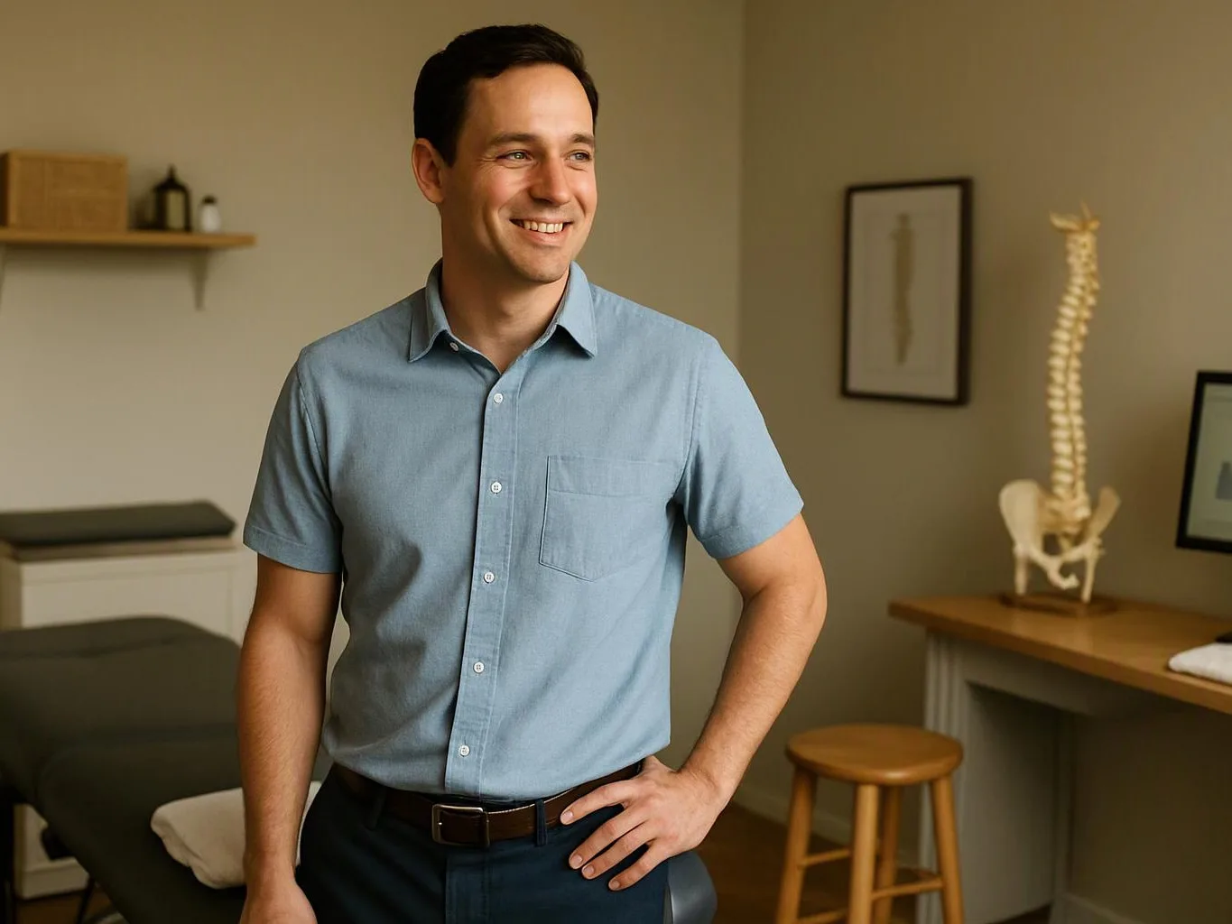 A smiling man stands in a clinic room beside an exam table, with a spine model and stool behind him
