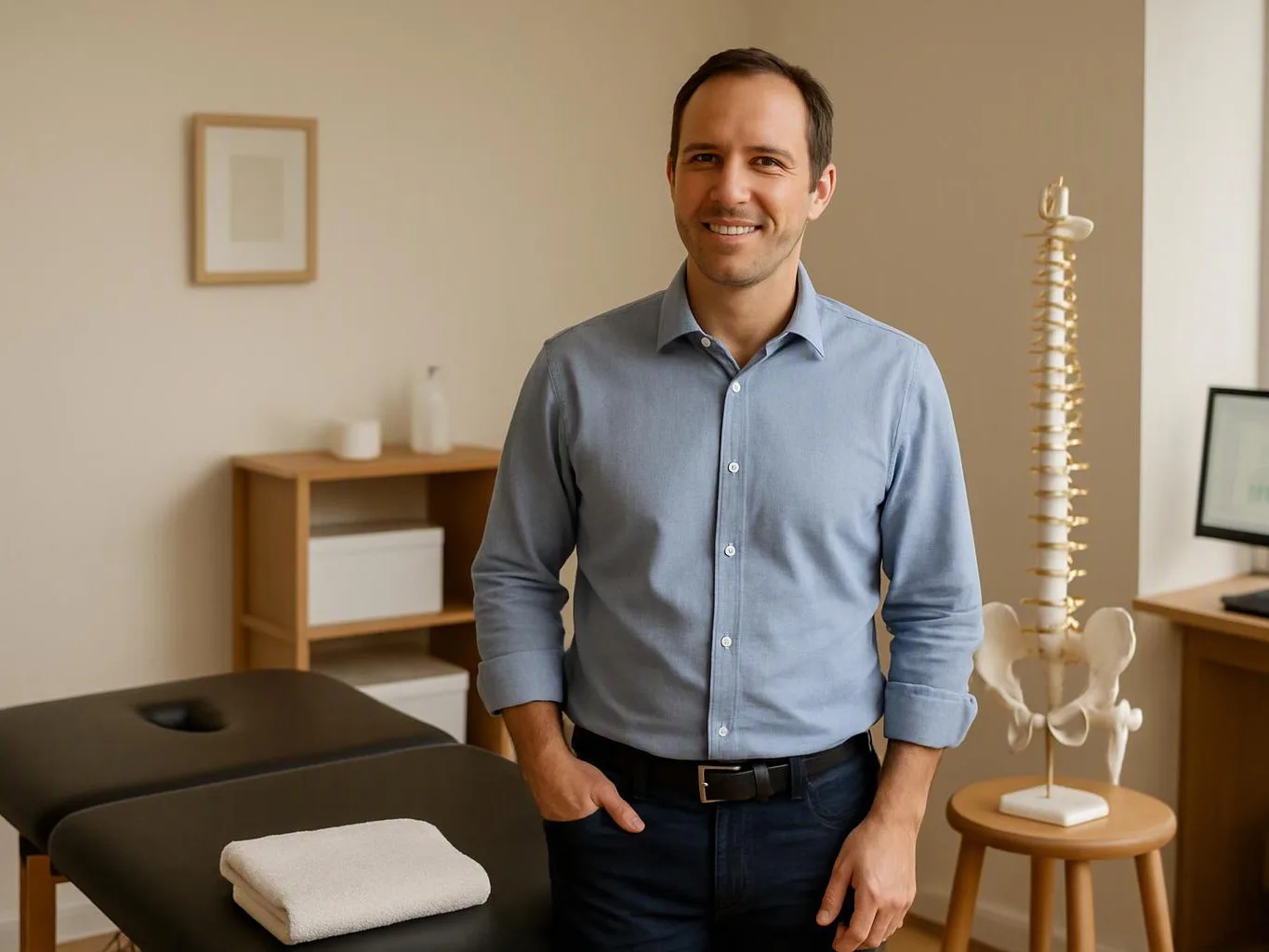 A smiling man stands in a treatment room beside a massage table and a spine model