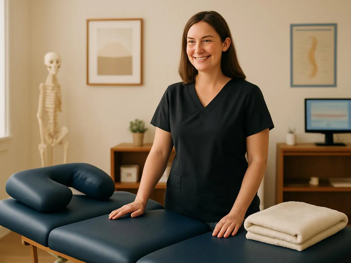 A smiling woman in dark scrubs stands beside a massage table in a calm treatment room