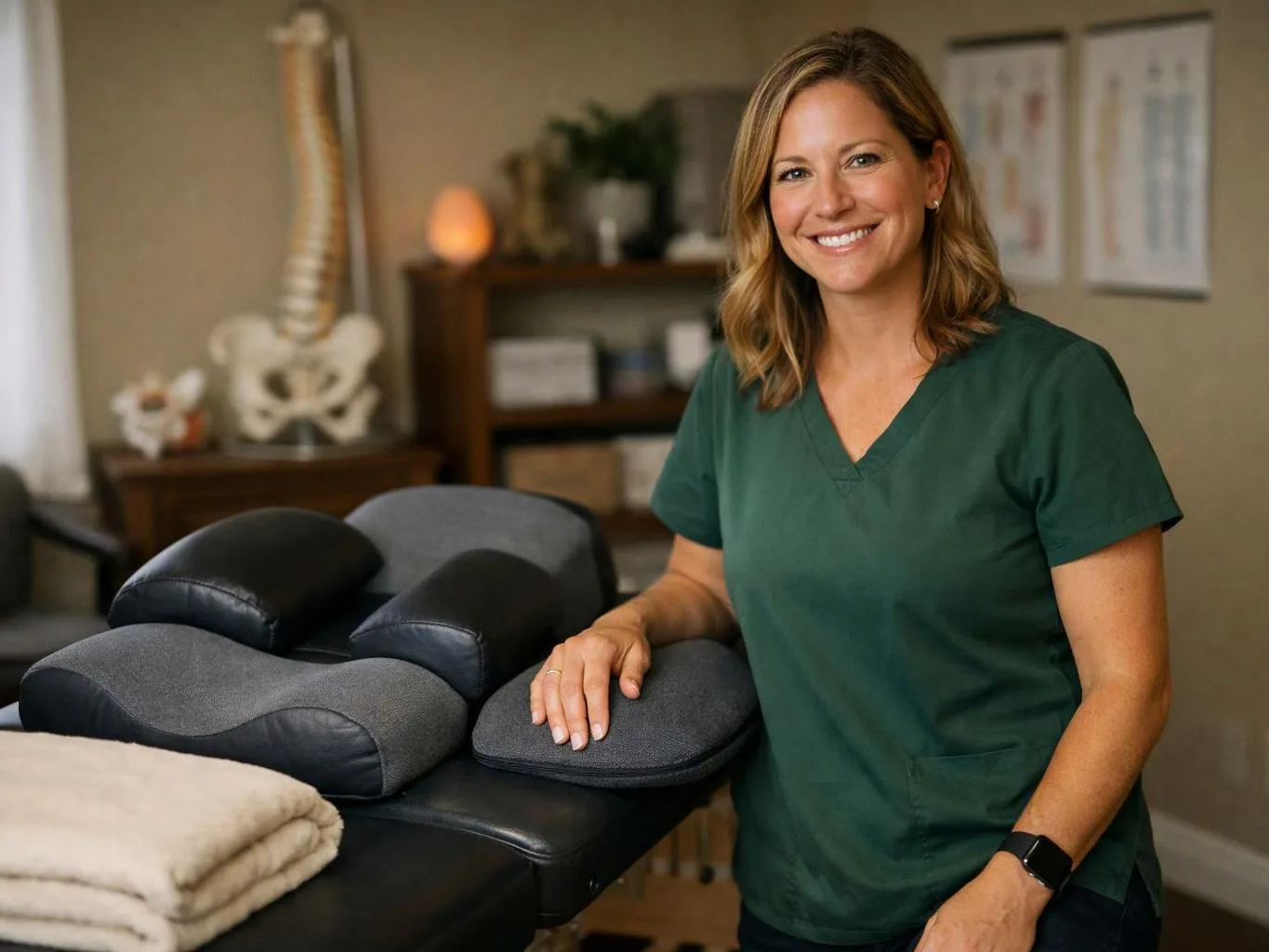 A smiling woman in green scrubs stands beside a treatment table with cushions and folded towels in a clinic room