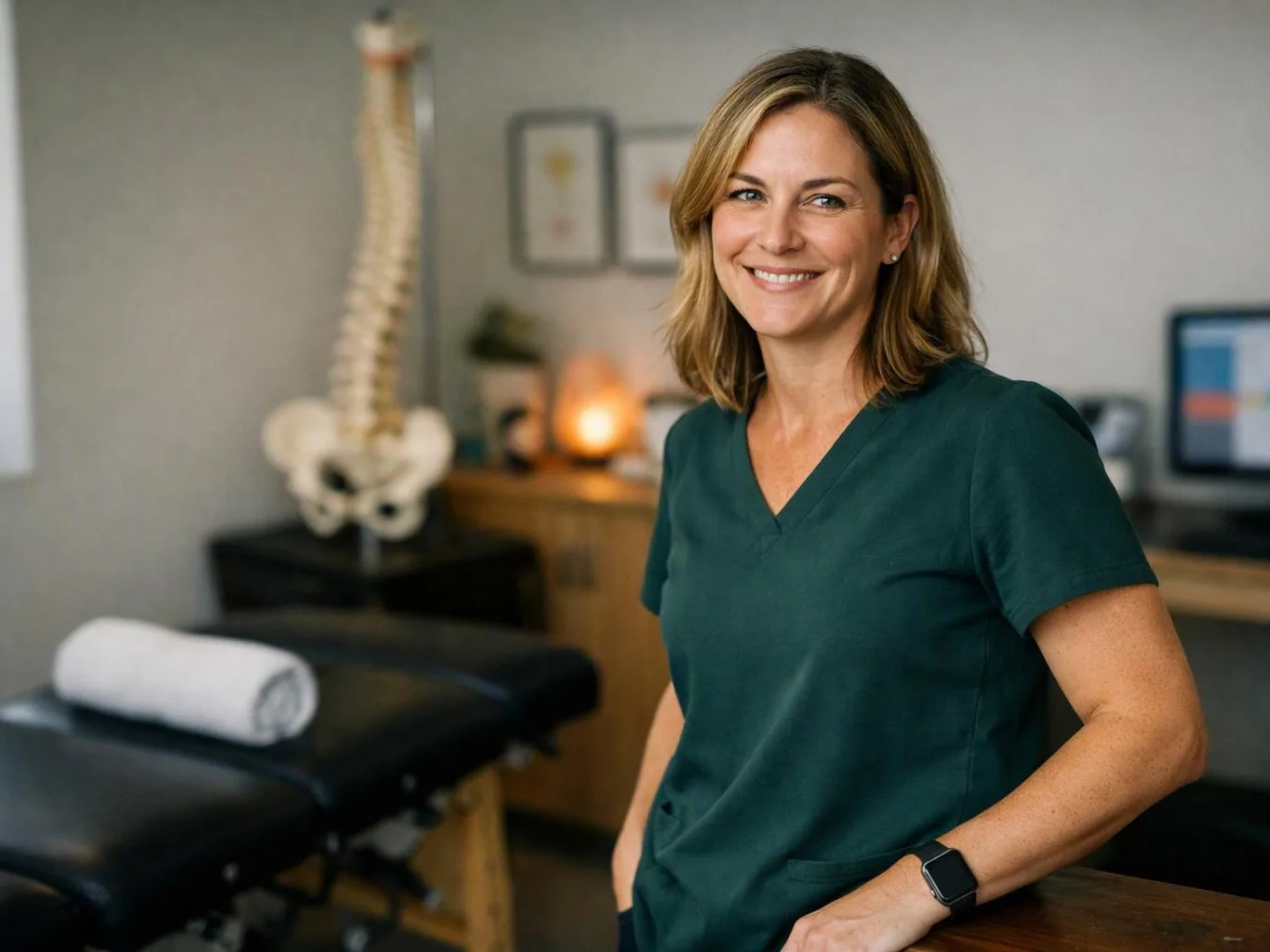 A smiling woman in green scrubs stands in a treatment room beside an exam table and spine model