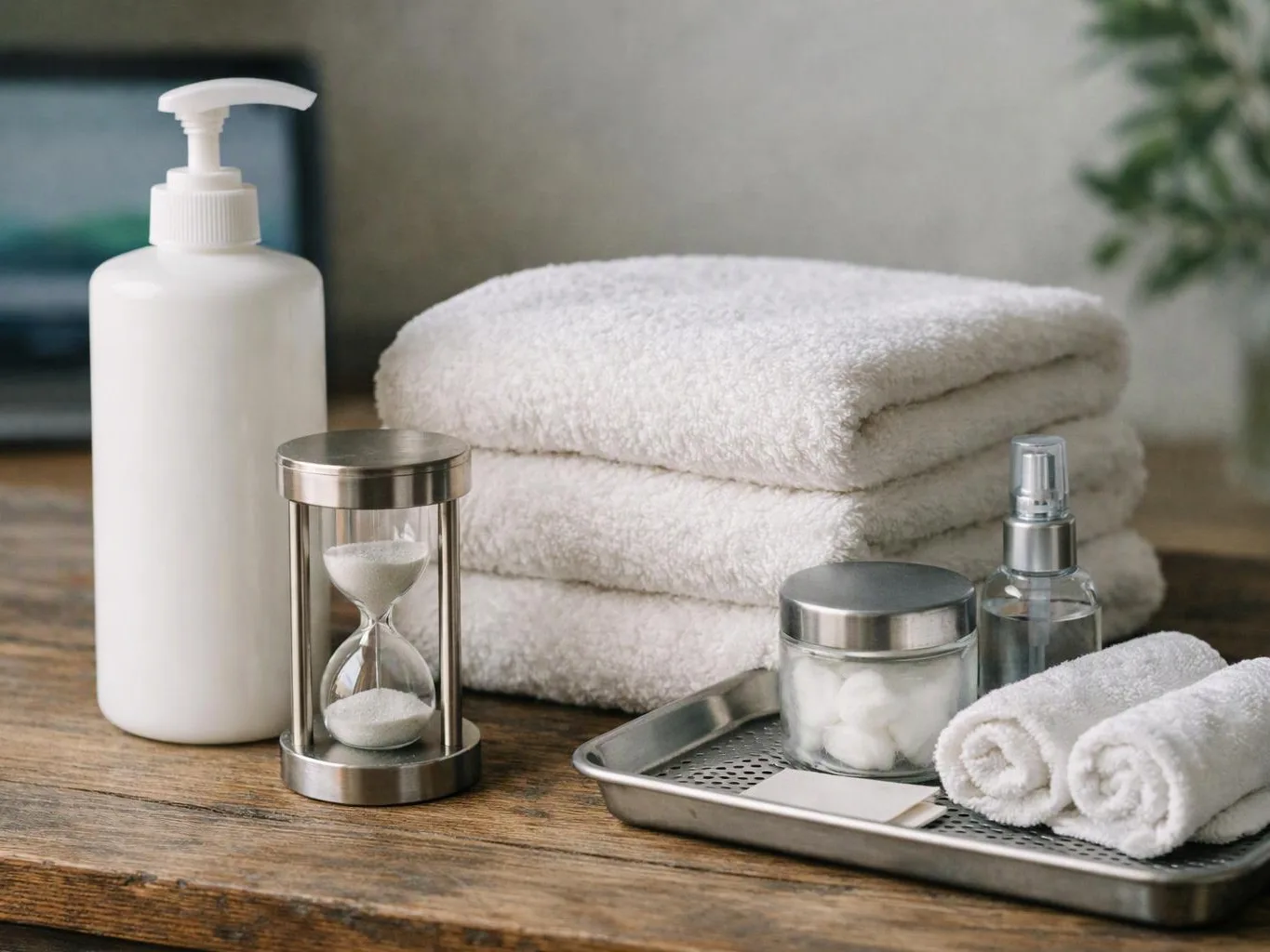 A spa-style still life shows folded white towels, a soap bottle, an hourglass