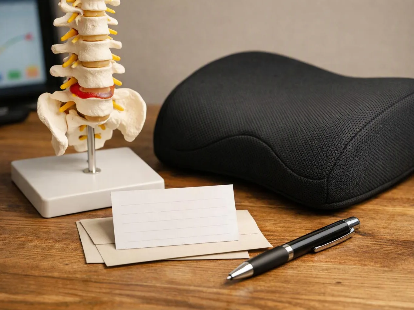 A spine model, black cushion, blank cards, and a pen sit on a wooden desk