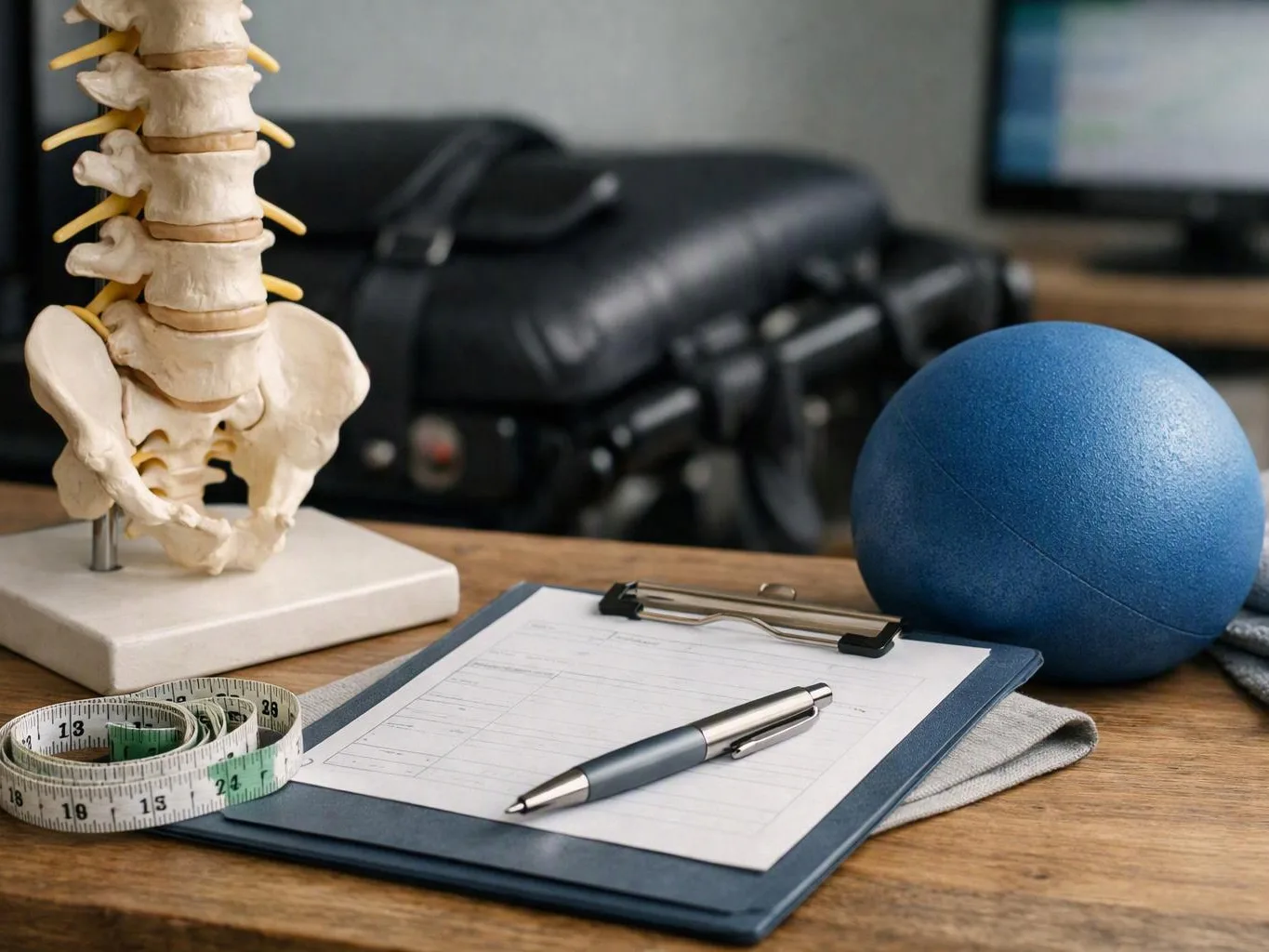 A spine model, clipboard, pen, measuring tape, and exercise ball sit on a desk in a clinic setting