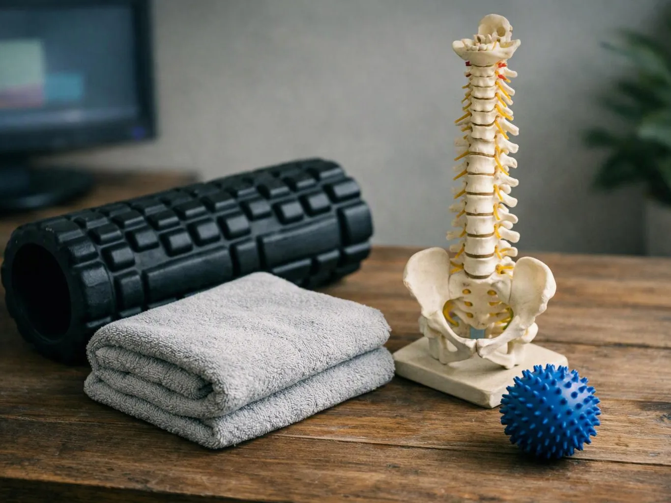 A spine model, foam roller, folded towel, and blue massage ball sit on a wooden table
