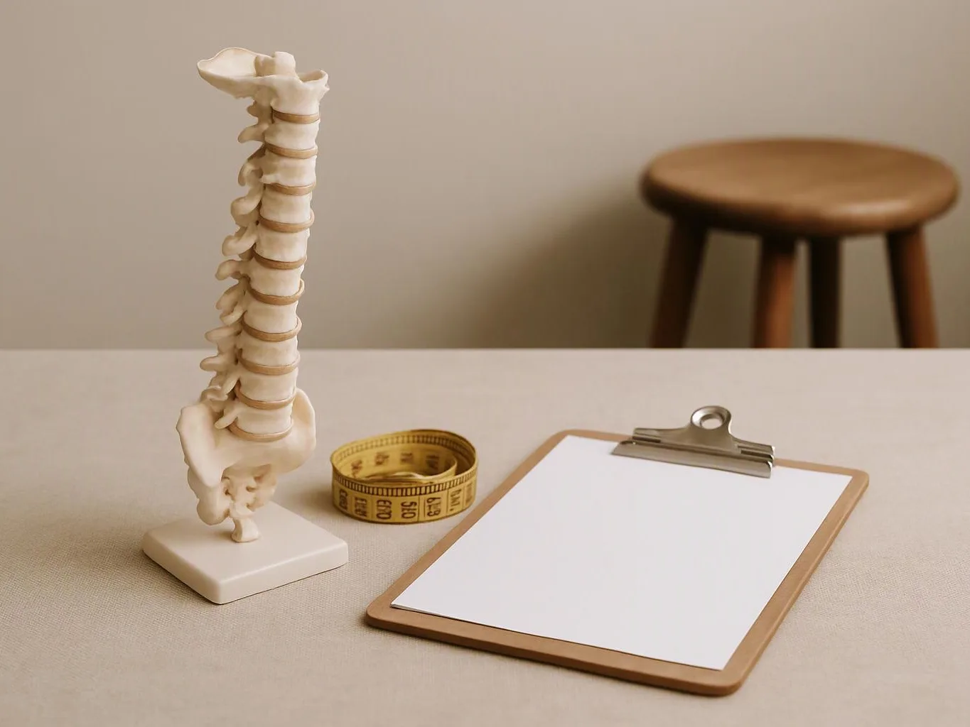 A spine model, measuring tape, and blank clipboard sit on a beige table with a stool in the background