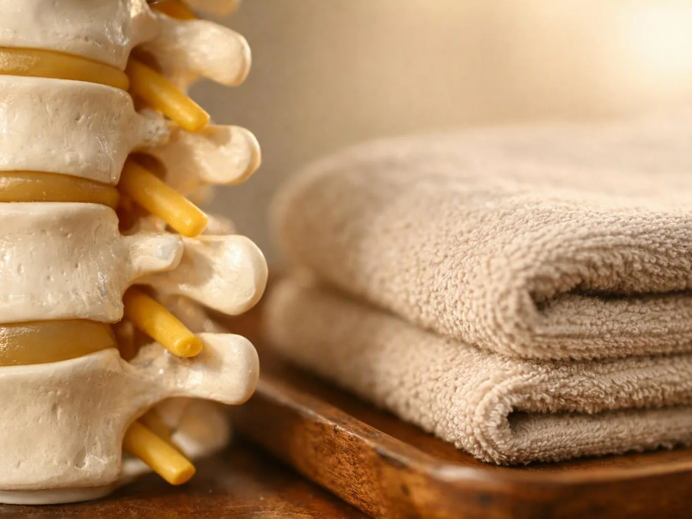 A spine model sits beside folded beige towels on a wooden tray