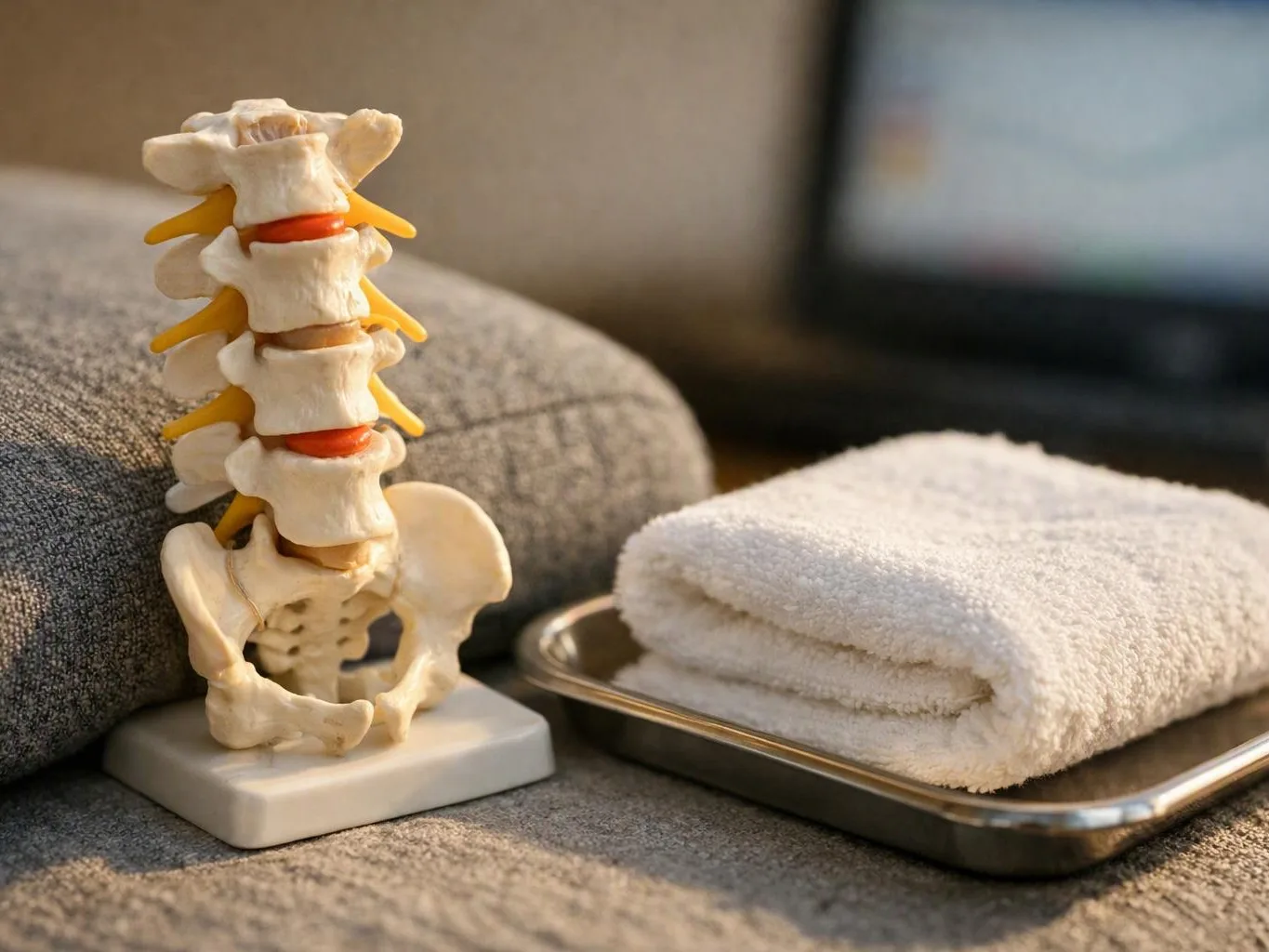 A spine model sits beside folded white towels on a gray couch with a blurred screen in back