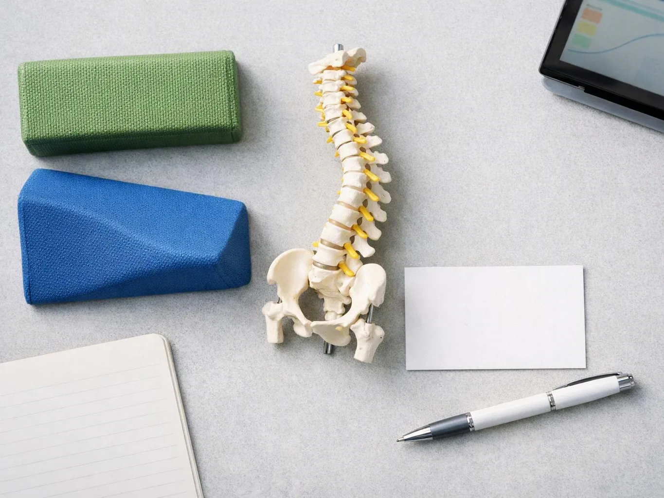 A spine model sits on a desk beside foam blocks, a notebook, a blank card, and a pen