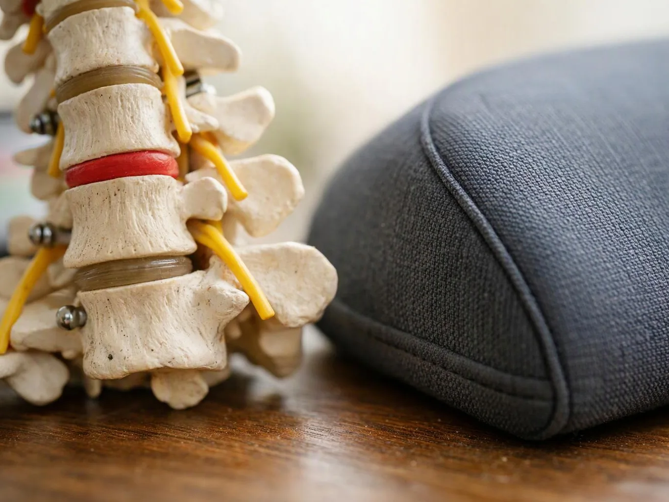 A spine model stands beside a dark textured cushion on a wooden table