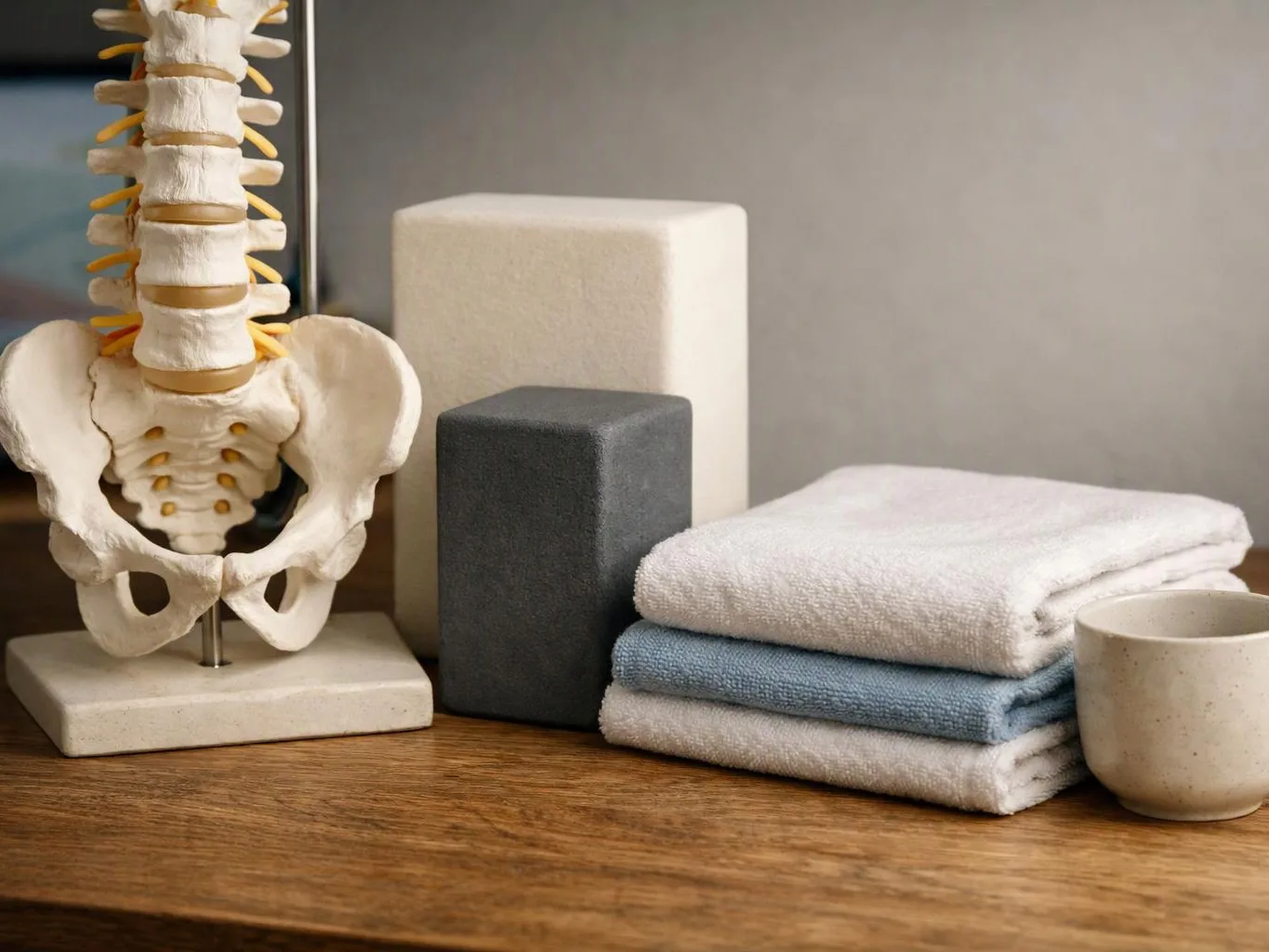A spine model stands beside folded towels, blocks, and a small cup on a wooden table
