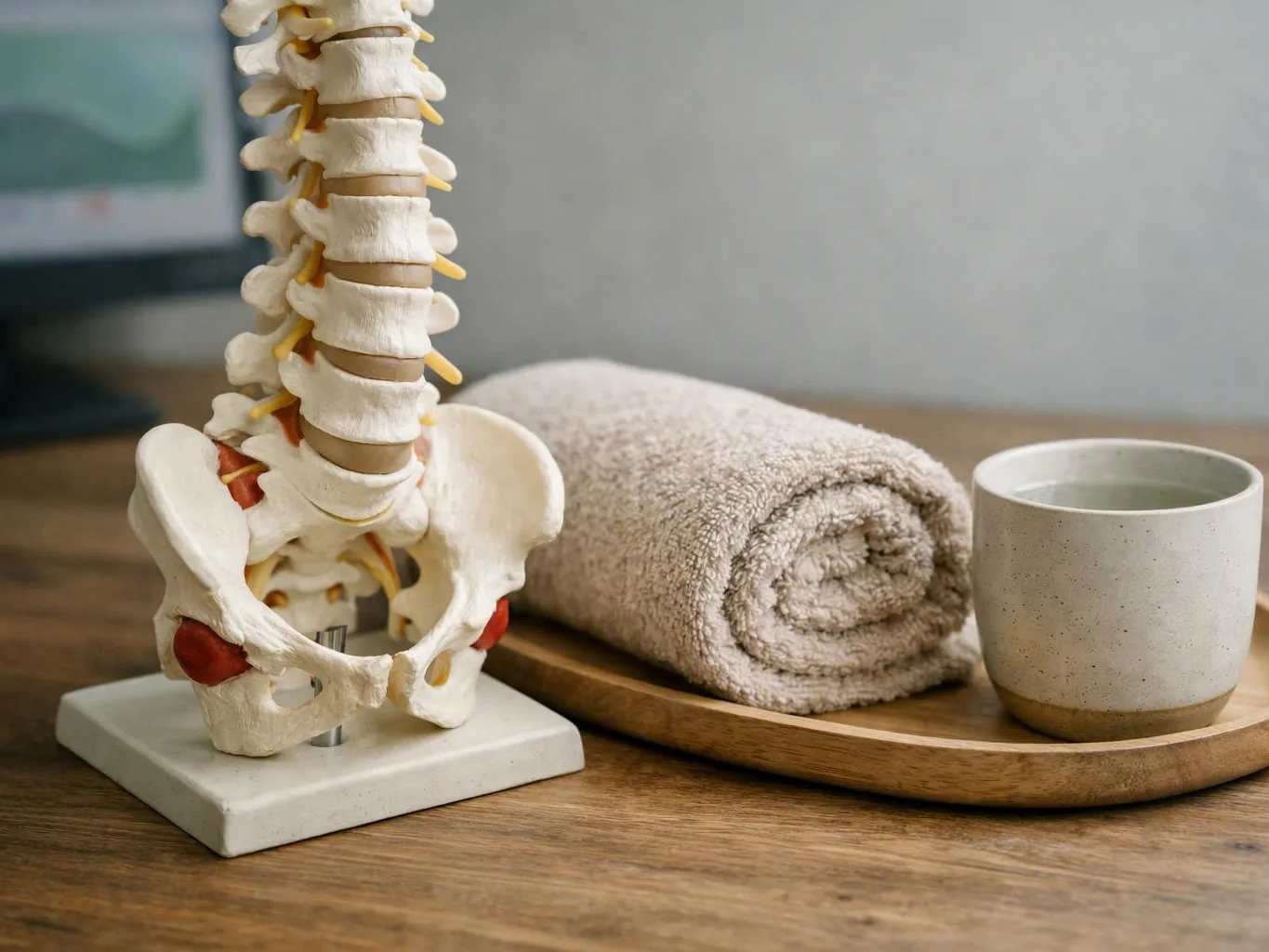 A spine model stands beside a rolled towel and a small cup on a wooden tray