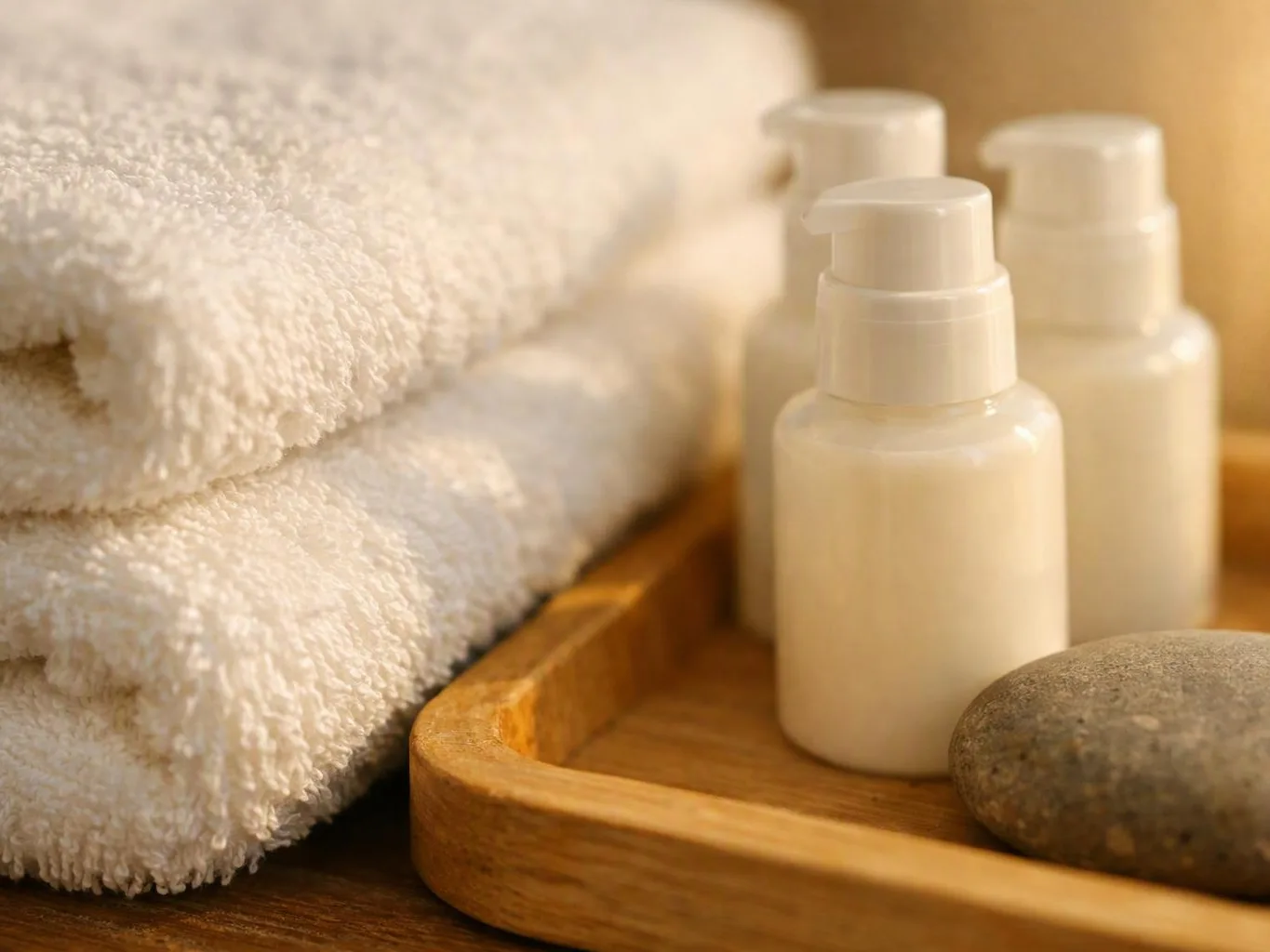 Stacked white towels sit beside lotion bottles and a smooth stone on a wooden tray