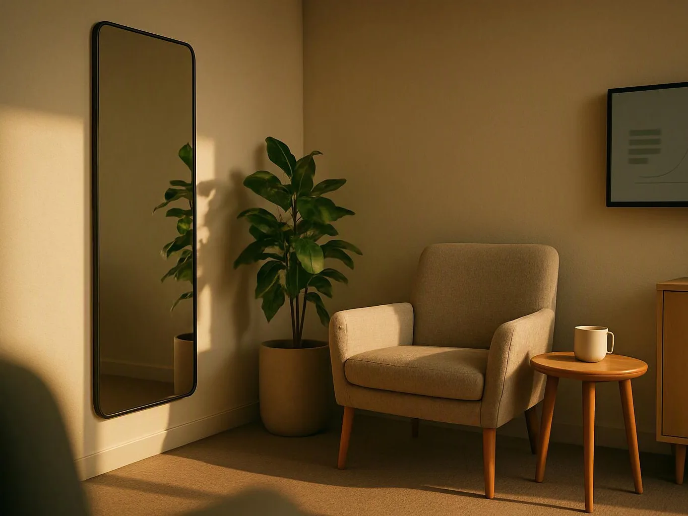 A sunlit beige room shows an armchair, side table with mug, potted plant, and tall wall mirror