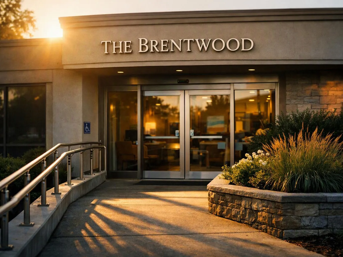 Sunlit building entrance with glass doors, a wheelchair ramp, and the sign “THE BRENTWOOD” above the doorway