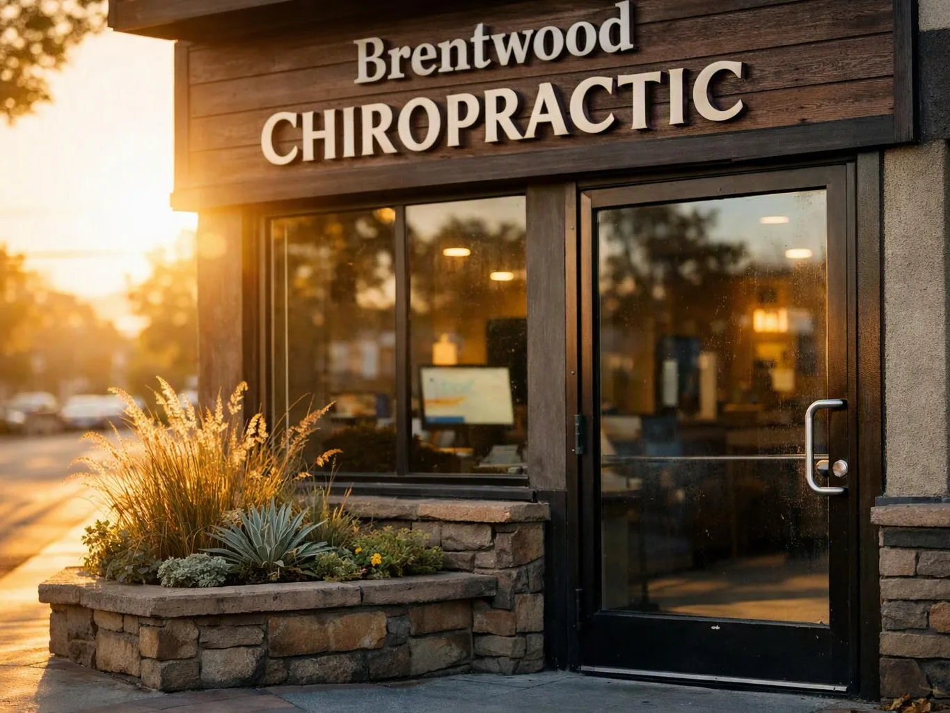 Sunlit storefront with a glass door, stone planter, and the sign reading “Brentwood CHIROPRACTIC”
