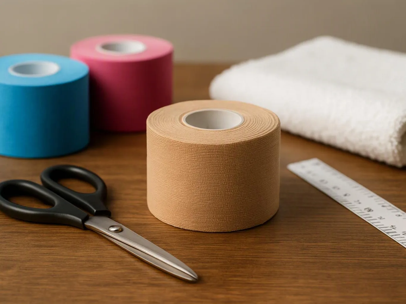 Three rolls of colored tape sit on a wooden table beside scissors, a ruler, and a folded white towel