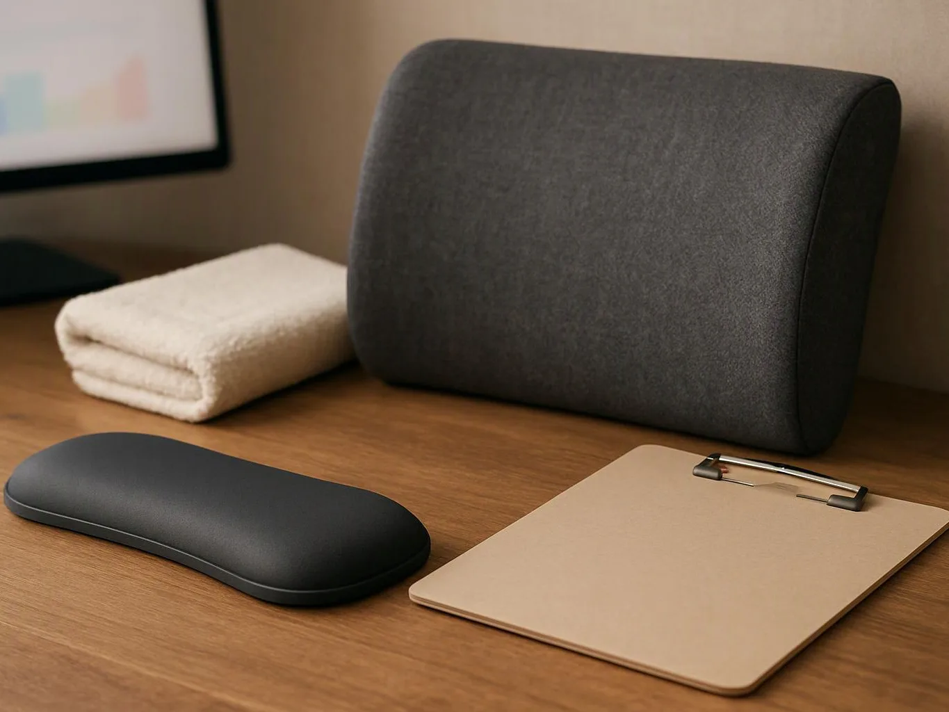 A tidy desk shows a dark cushion, folded towel, black wrist rest, and clipboard on wood tabletop