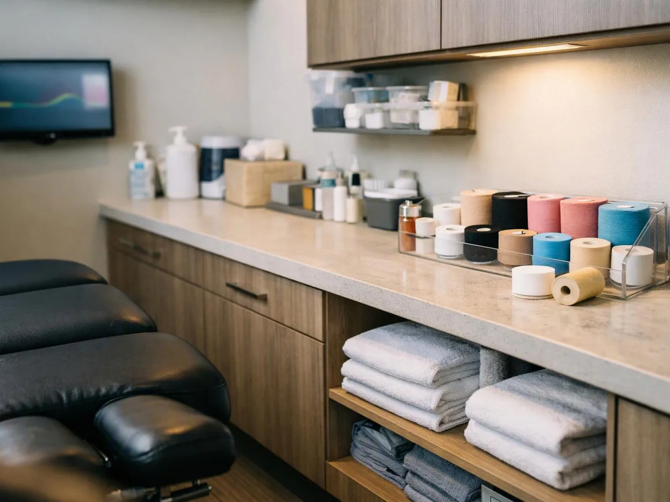 A treatment room shows a black exam chair beside a counter with towels, bottles, and colorful tape rolls