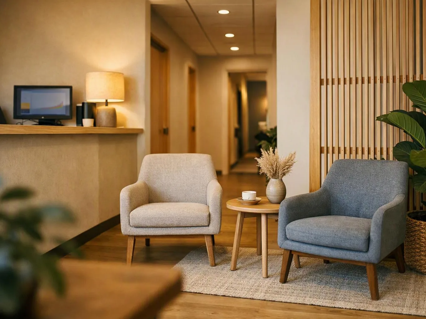 Two armchairs sit beside a small table in a warm, modern waiting area