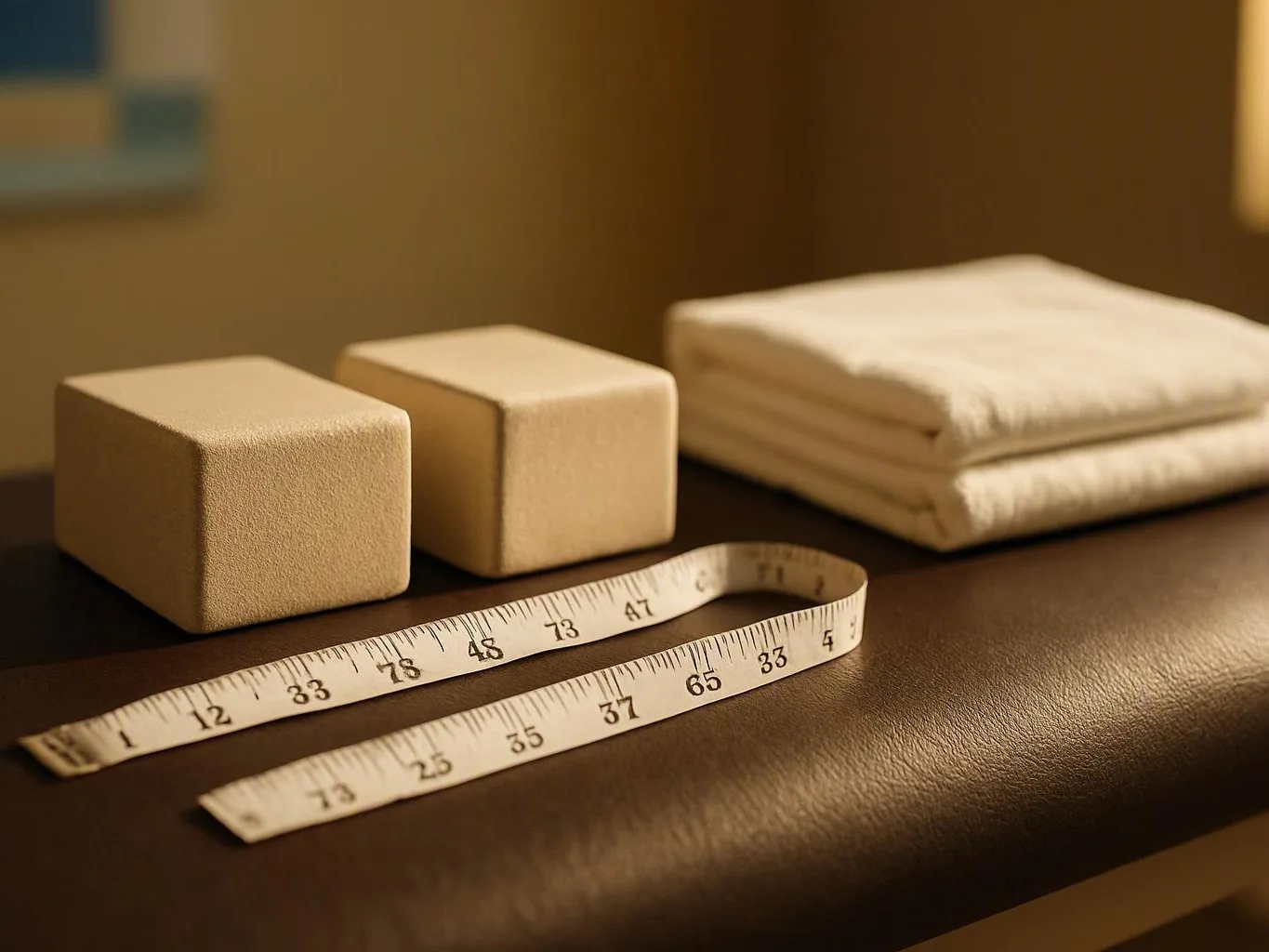 Two beige foam blocks, a folded towel, and a measuring tape rest on a dark treatment table