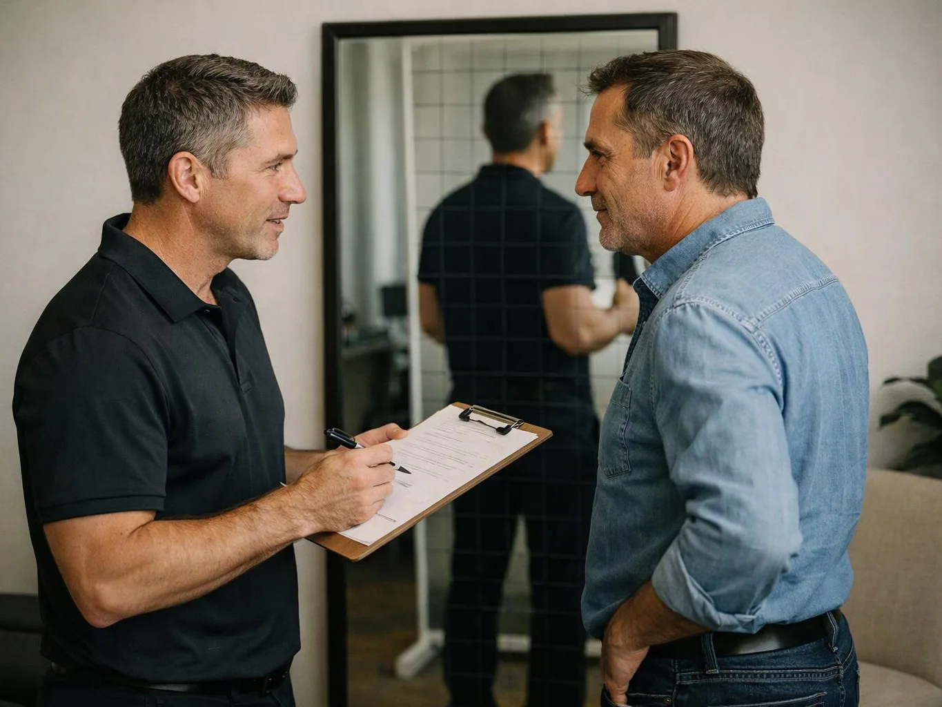 Two men face each other in a room while one writes on a clipboard and talks