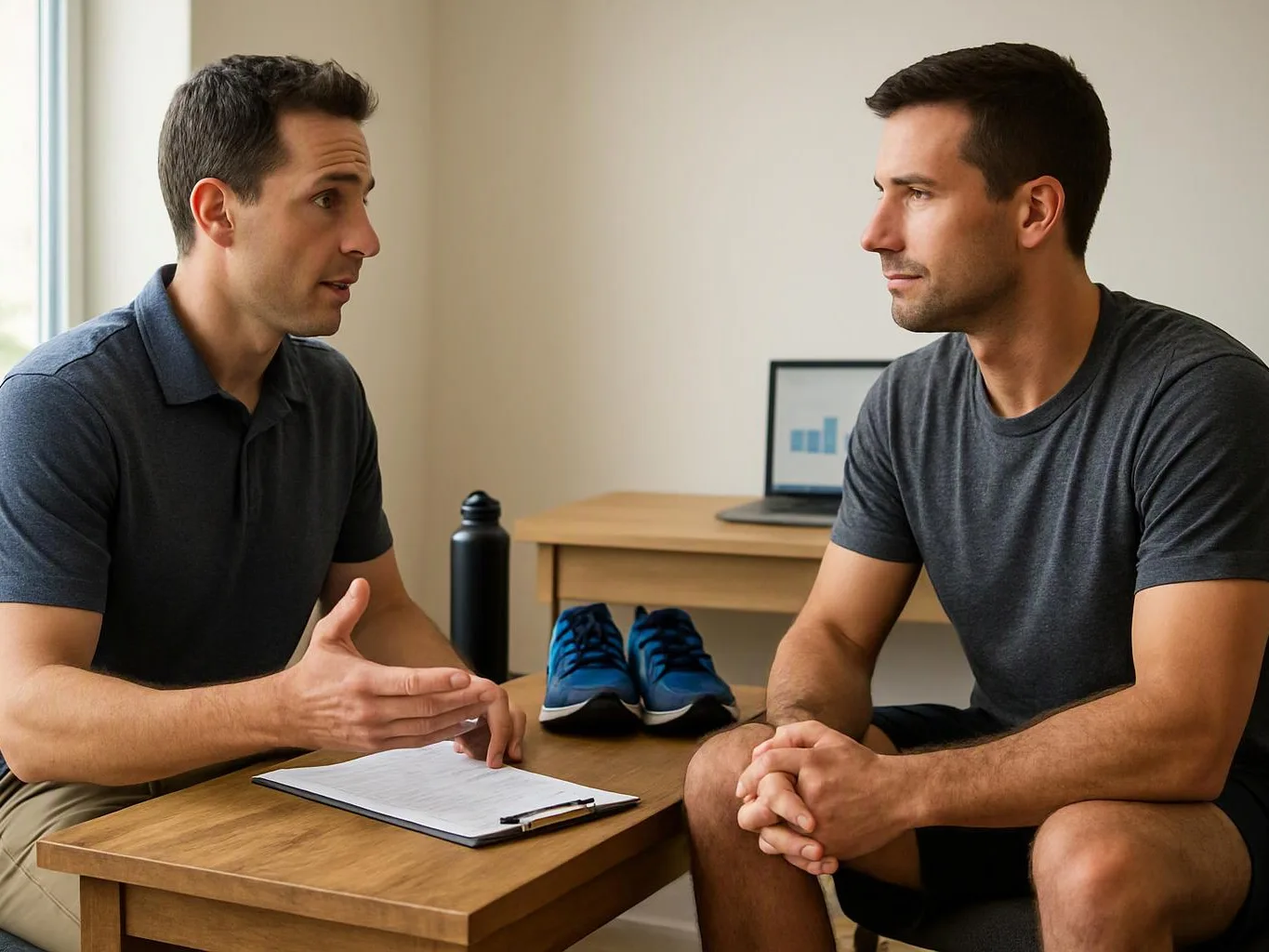 Two men sit across a small table, talking beside a clipboard, water bottle, shoes, and a laptop in a bright room