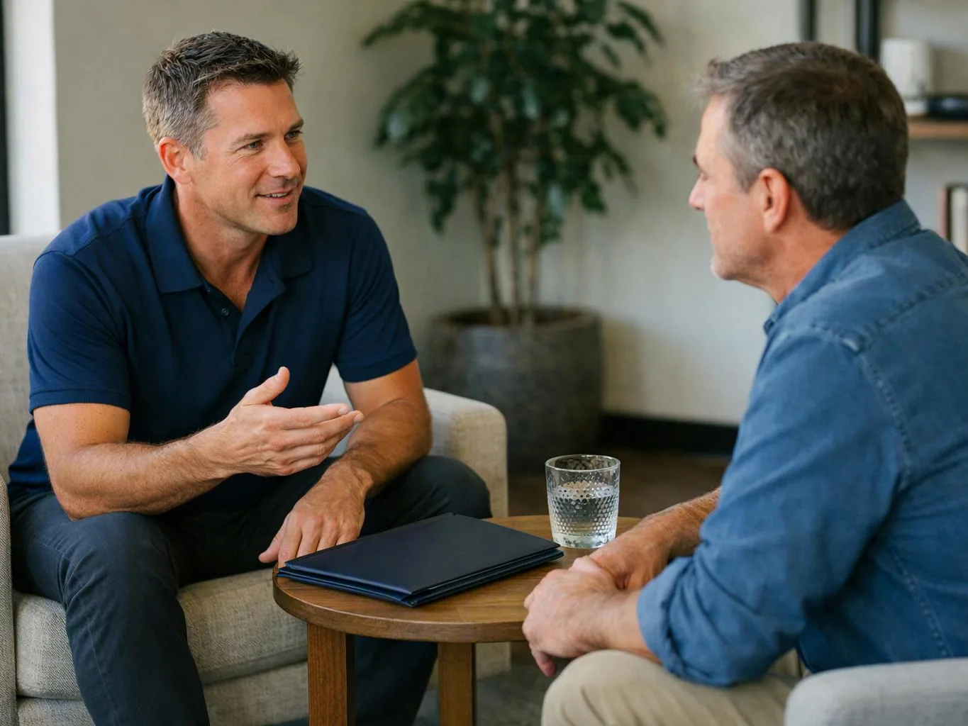 Two men sit across a small table, talking in a bright living room with a plant behind them