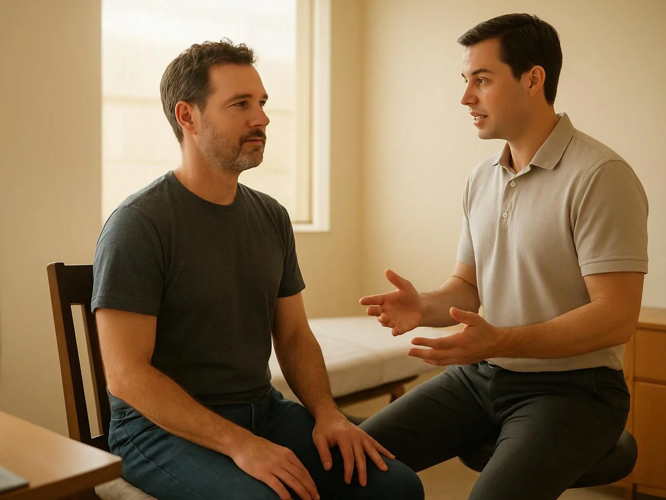 Two men sit in a bright room, facing each other as one gestures during a conversation