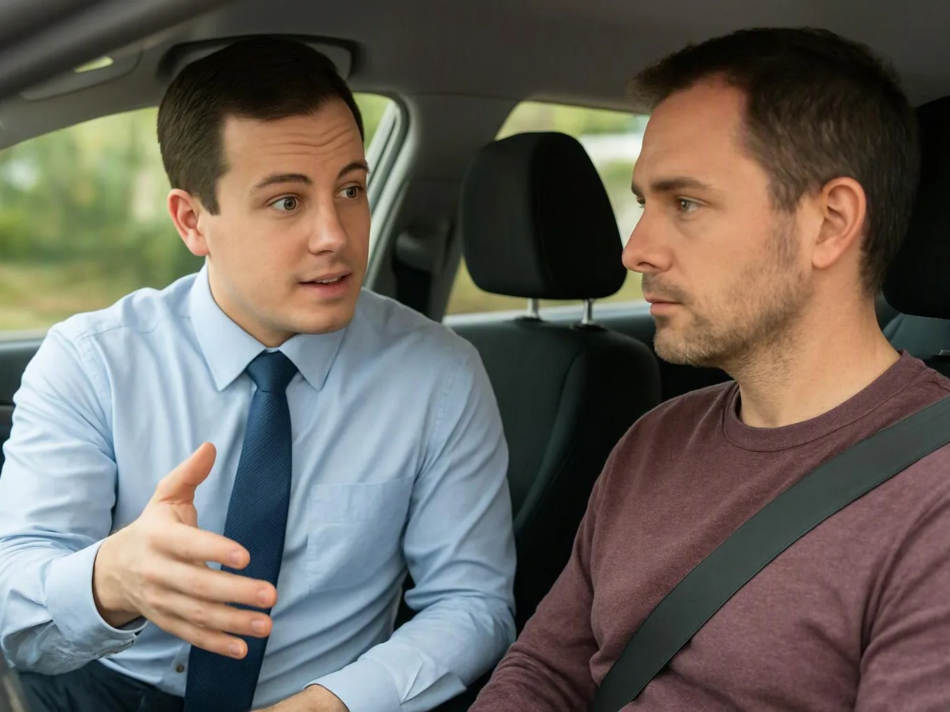 Two men sit in a car; one in a dress shirt and tie speaks while the other listens