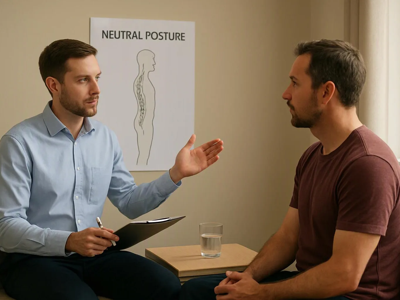 Two men sit facing each other in a clinic room, one gesturing with a clipboard near a neutral posture chart