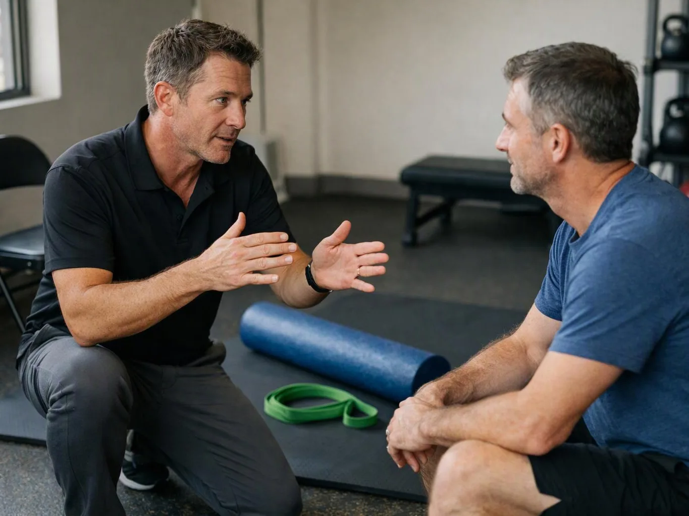 Two men sit on a gym floor talking, with one gesturing beside a blue foam roller and green resistance band