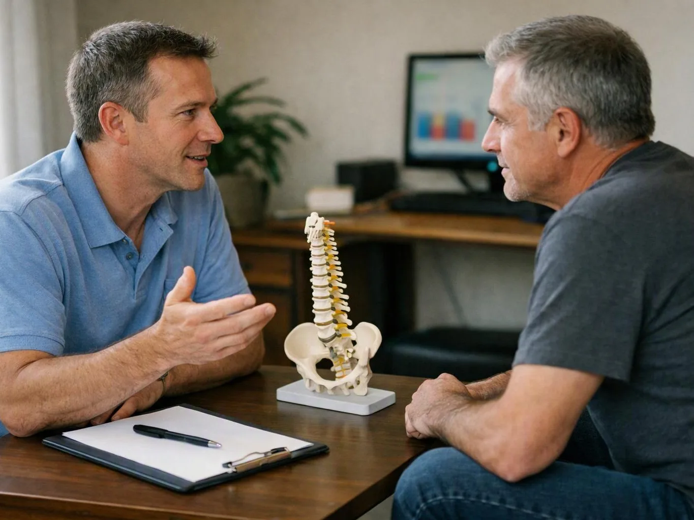 Two men sit at a table, talking beside a spine model in a small office