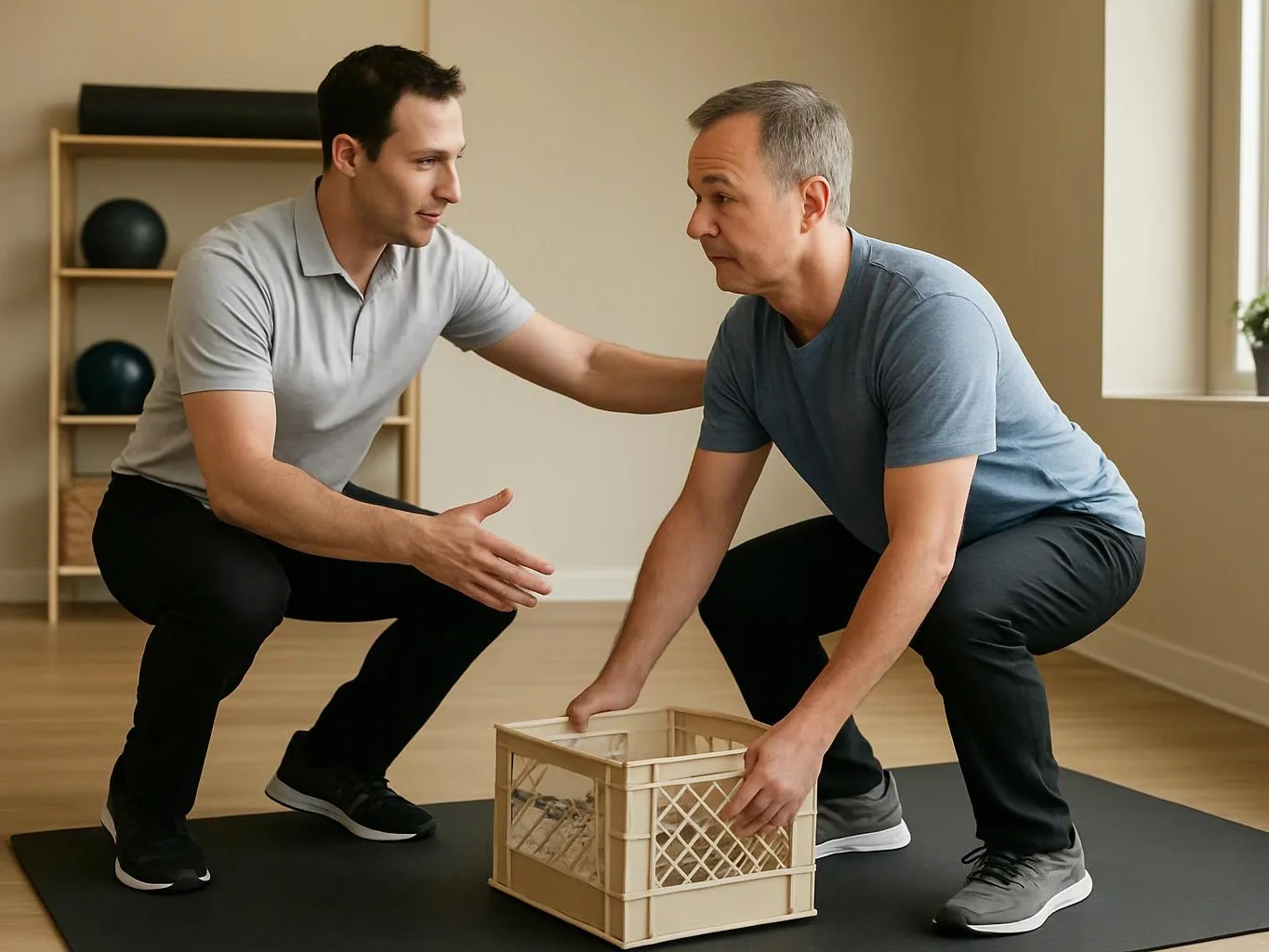 Two men squat on a mat in a bright studio, reaching toward a wooden crate between them