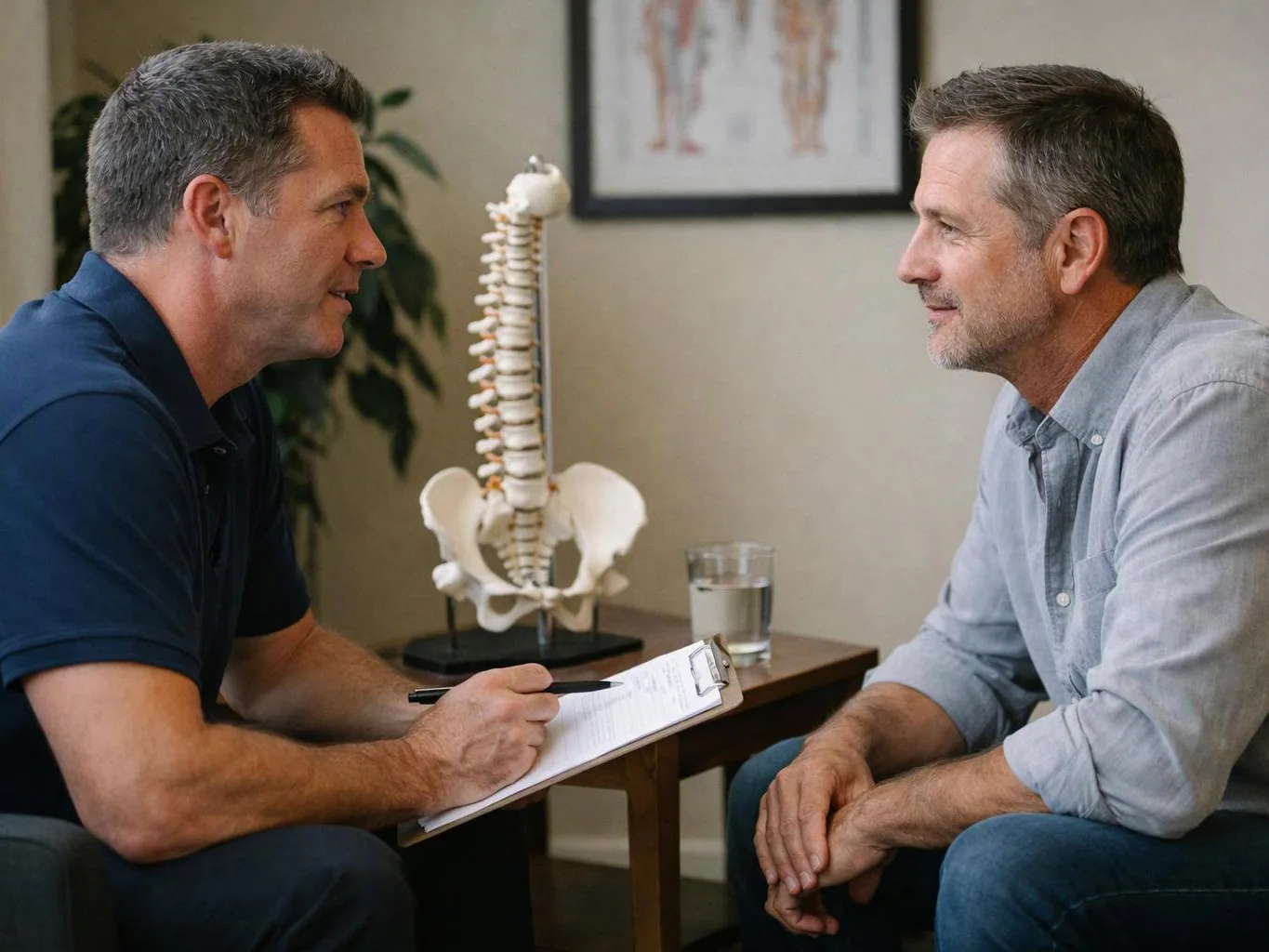 Two men talk across a small table in a clinic office, with a spine model and clipboard between them
