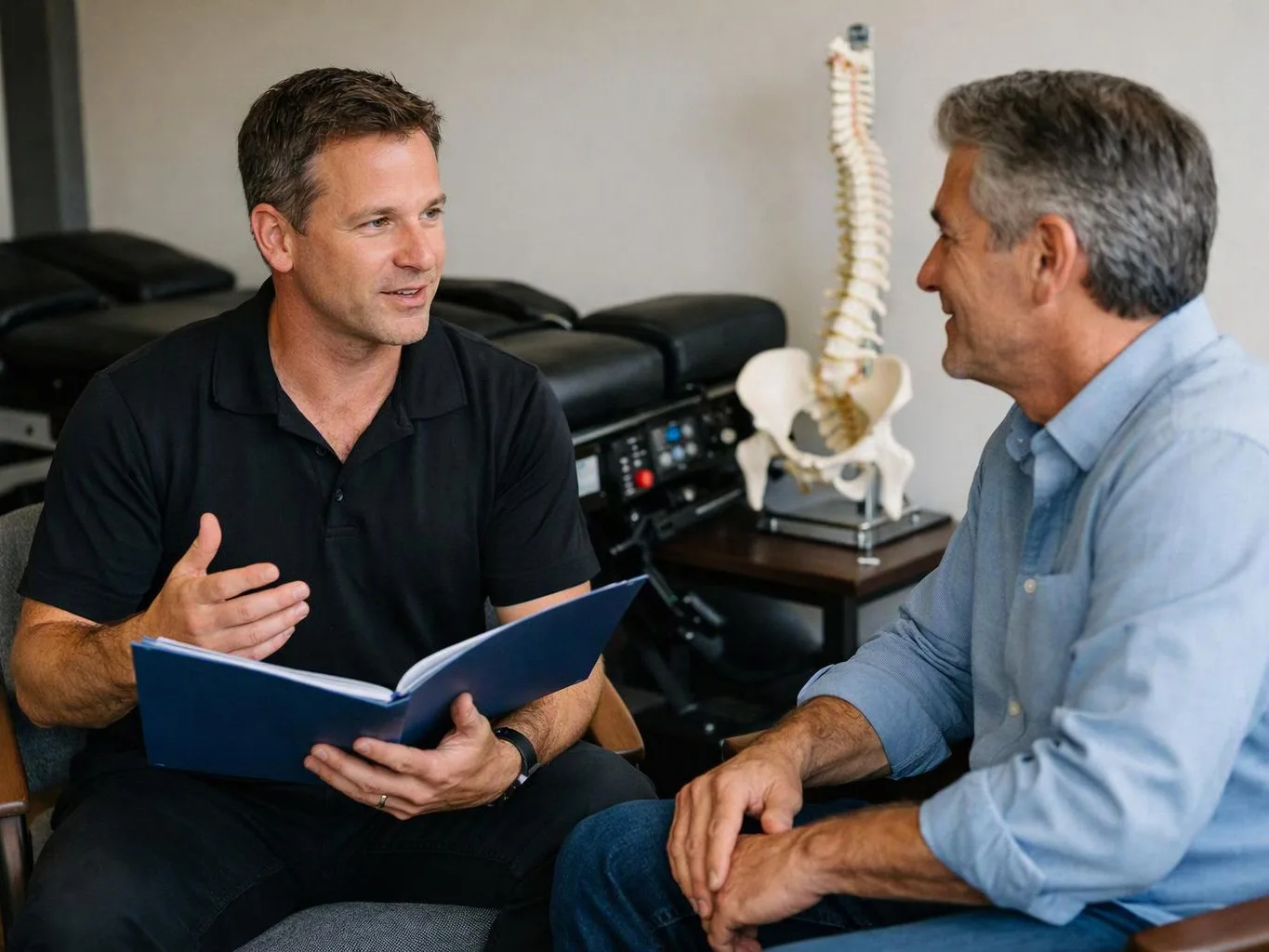 Two men talk in a clinic room while one holds an open blue folder and a spine model sits behind them