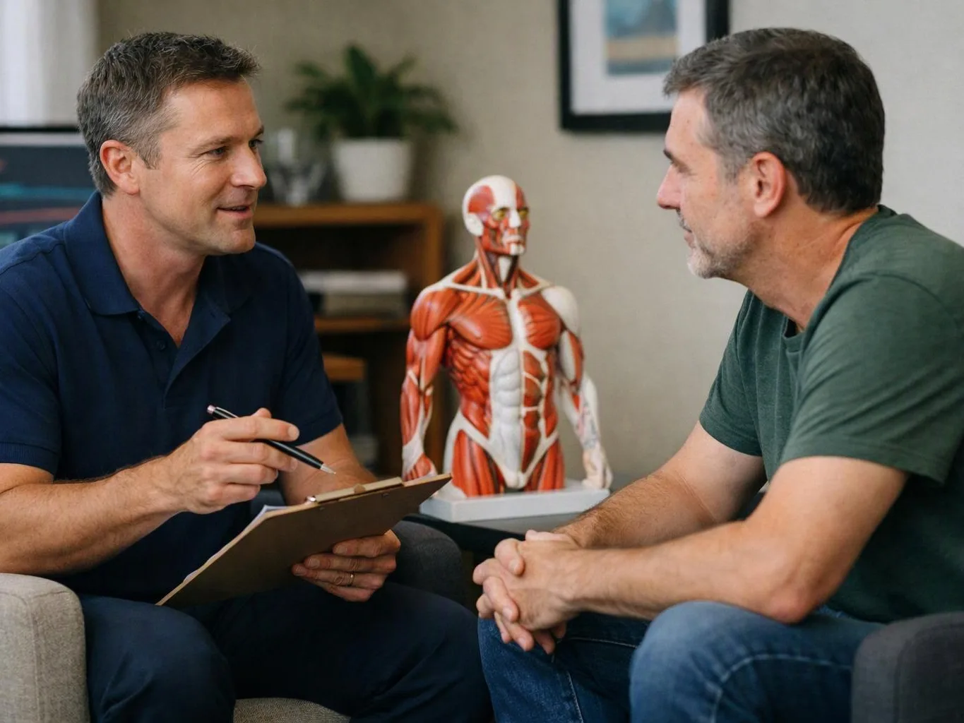 Two men talk in a clinic, while one writes on a clipboard beside a human anatomy model