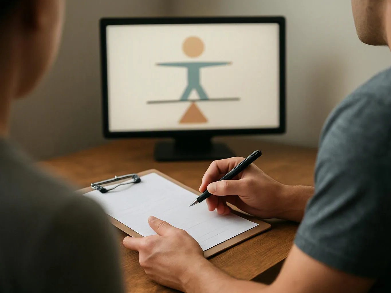 Two people sit at a desk while one writes on a clipboard facing a monitor with a balance icon displayed