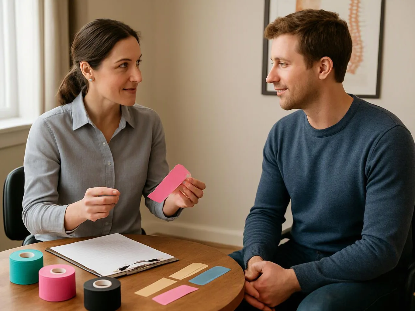 Two people sit at a table, discussing colorful sticky notes and a clipboard in a bright room