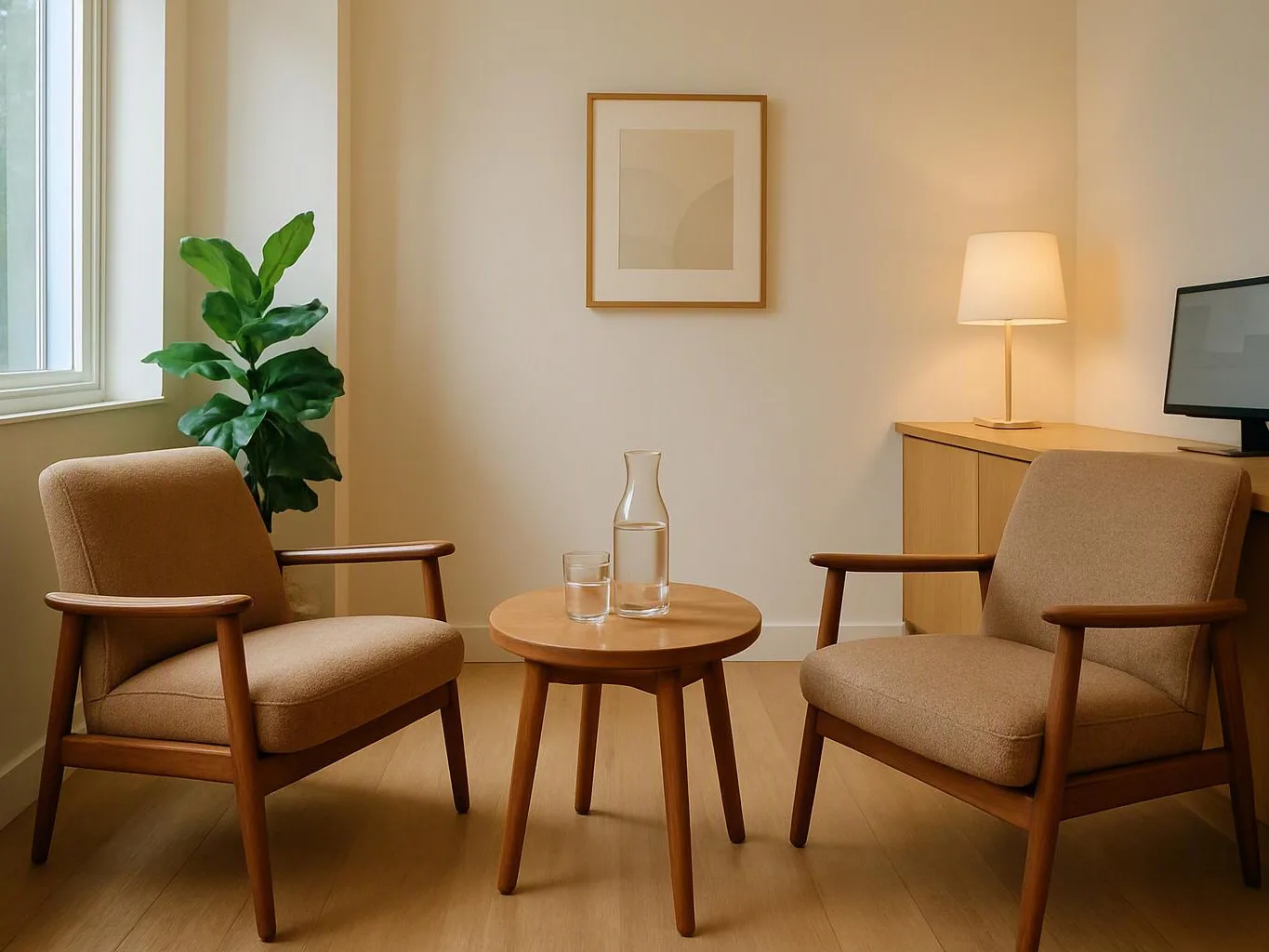 Two tan armchairs face a small round table in a warm, minimalist room with a lamp and plant