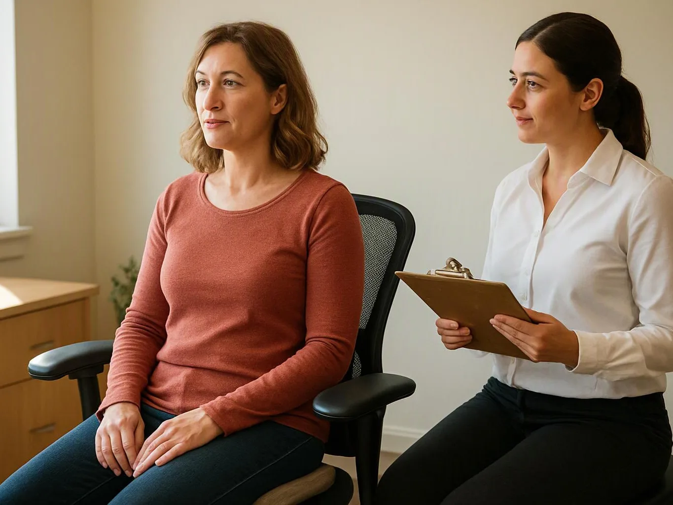 Two women sit in chairs, one holding a clipboard, in a bright office room