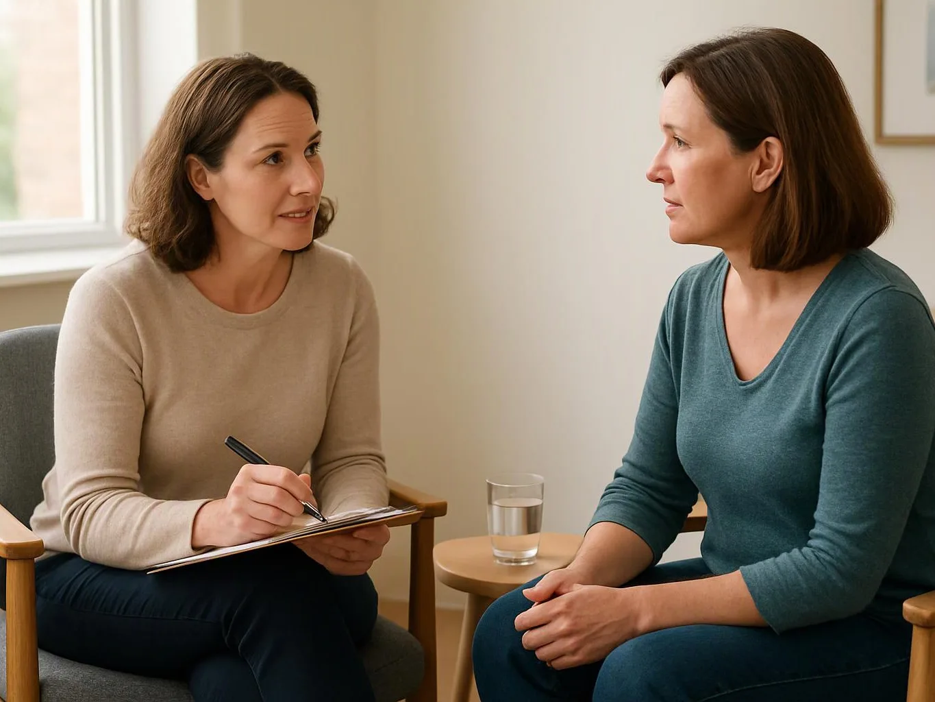Two women sit in chairs talking, one taking notes on a clipboard beside a glass of water