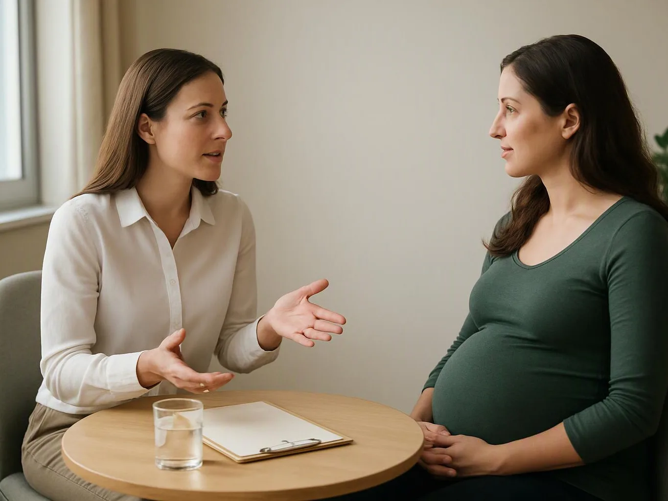 Two women sit at a small table, one talking with open hands while the pregnant woman listens in a quiet room