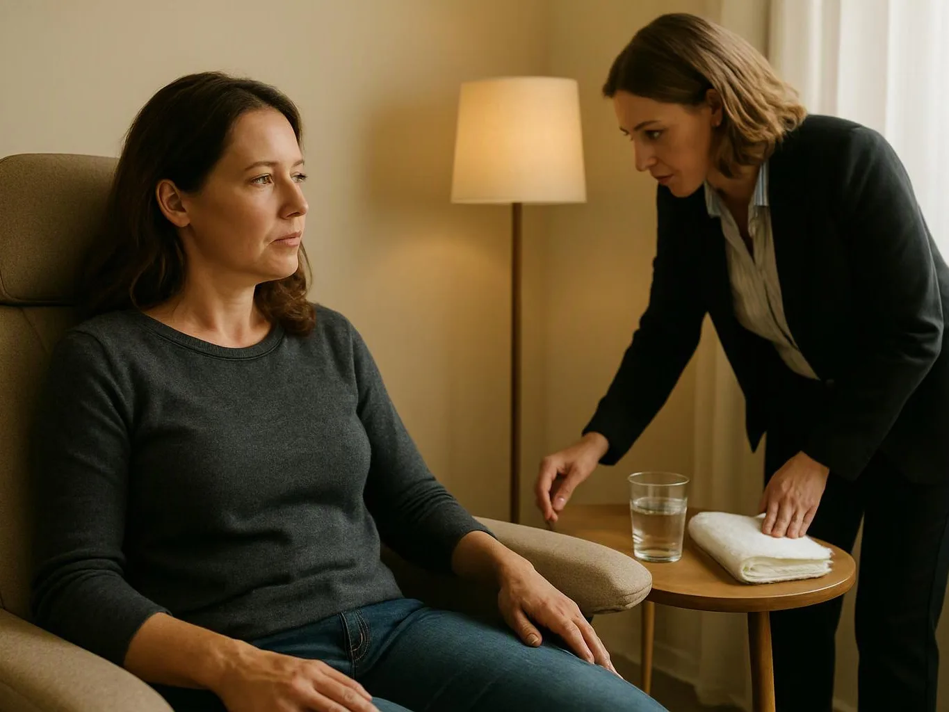 Two women stand in a calm room