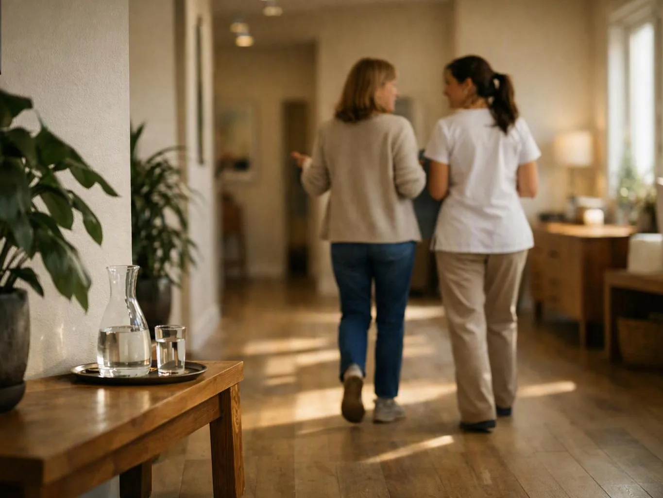 Two women walk and talk down a sunlit hallway with plants and a water pitcher on a wooden table