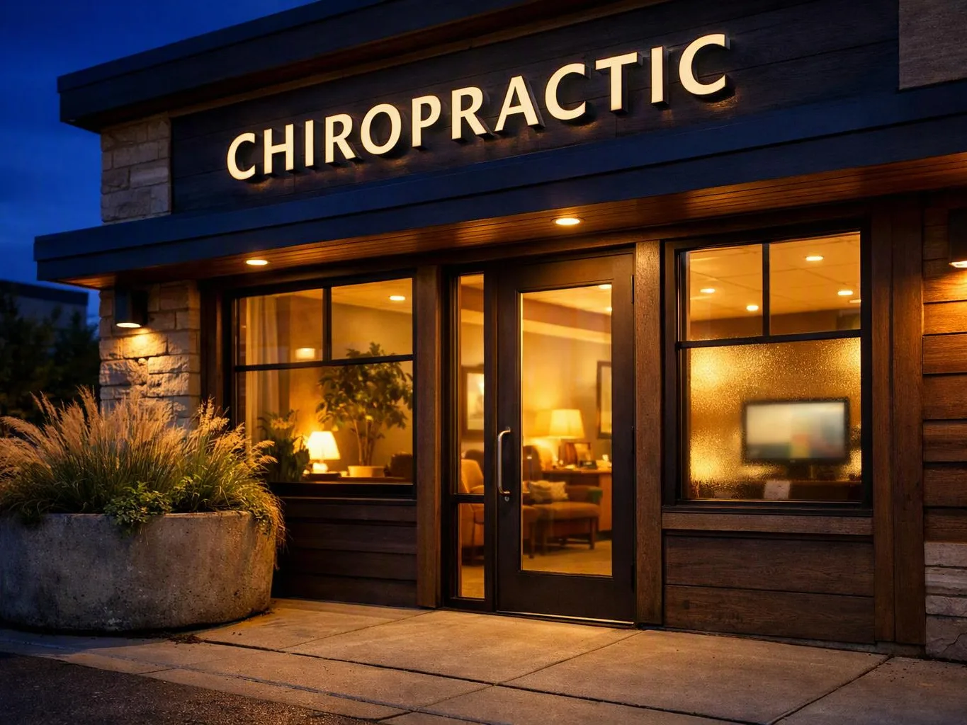A warmly lit chiropractic office exterior shows glass doors, glowing windows, and a large planter at dusk