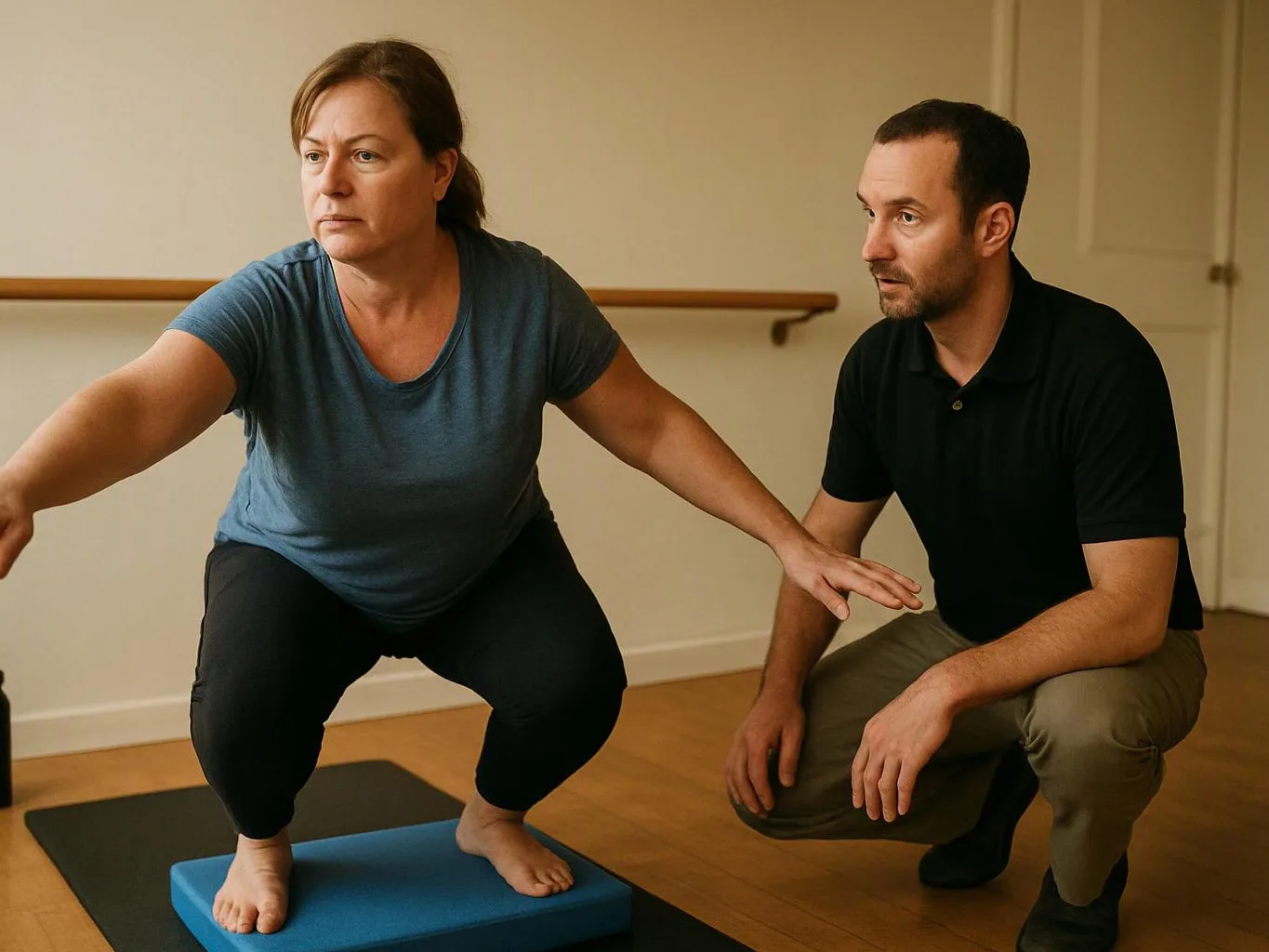 A woman balances in a squat on a blue block while a man crouches beside her in a studio room