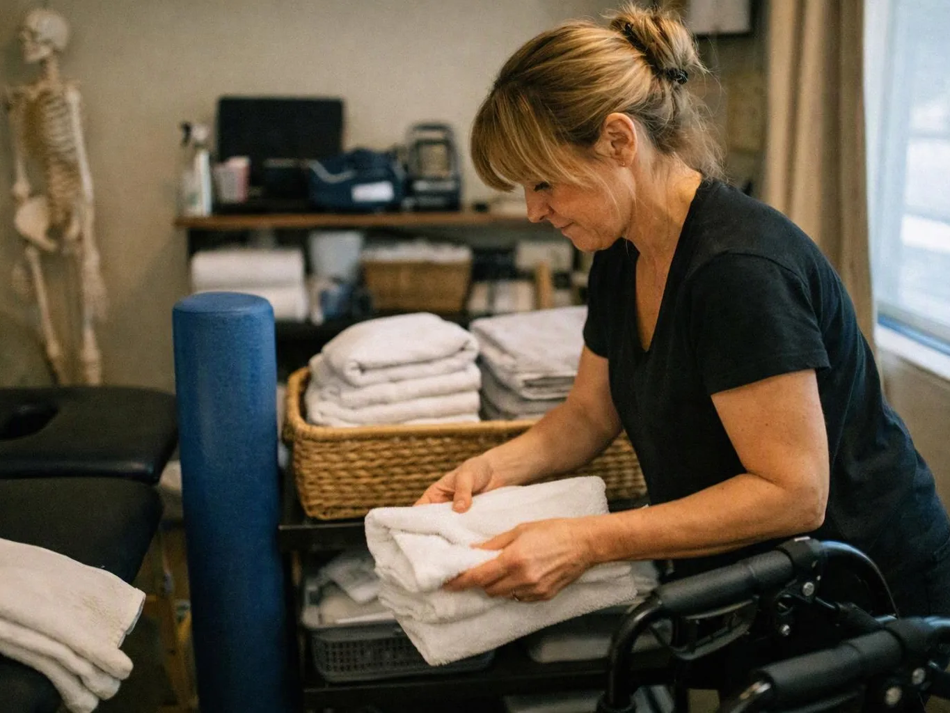 A woman in a black shirt folds white towels beside stacked linens in a room with shelves and equipment