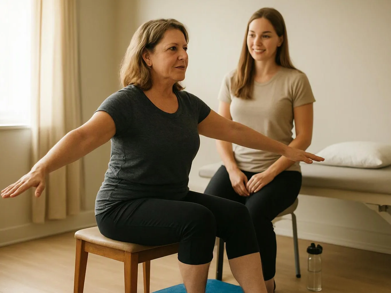 A woman does seated arm exercises while another woman watches in a calm treatment room