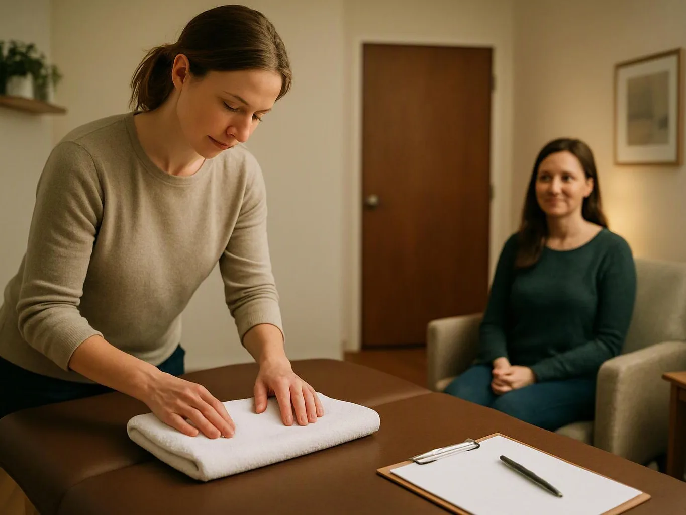 A woman folds a white towel on a table while another woman sits nearby in a quiet room